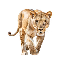 A majestic lion walking against a stark isolated background. Isolated background. Transparent PNG. Generative AI - obrazy, fototapety, plakaty