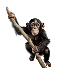 A chimpanzee holding a branch in the wild. Isolated background. Transparent PNG. Generative AI