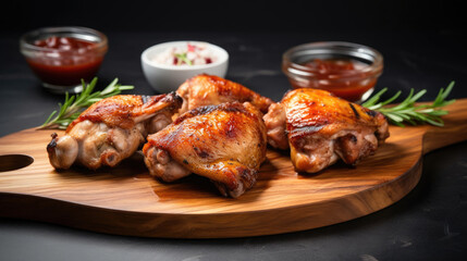 Grilled chicken thighs a wooden board, Background, Food HD, Generative Ai