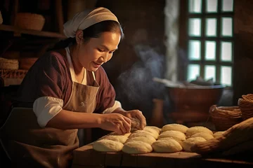 Fototapeten A woman in a brown dress is baking bread in an oven Fictional Character Created By Generative AI. © shelbys
