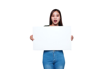 Beautiful Asian woman holding an empty board and shocked