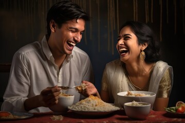 Fototapeta na wymiar A man and woman sharing a laugh while eating rice at the table Fictional Character Created By Generative AI.