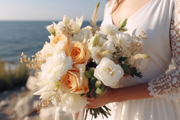 a chic bouquet in the hands of a bride in a white dress. Luxury wedding bouquet. The girl is holding flowers. Generative AI