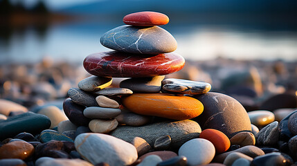 Close-up of meticulously stacked stones, a symbol of balance and meditation - Generative AI