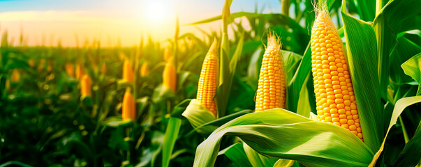 Corn cobs in corn plantation field. - obrazy, fototapety, plakaty