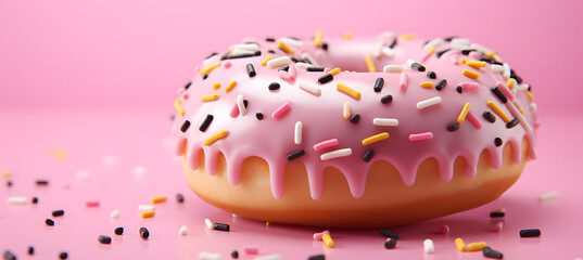 pink donut with sprinkles. soft colors, product shoot. 