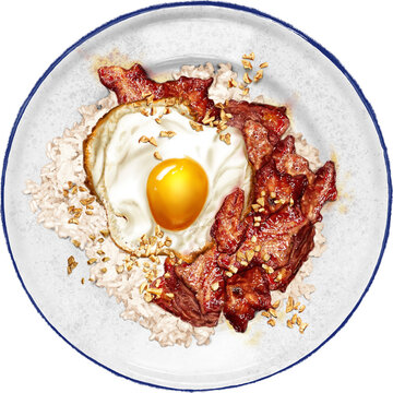 Tocilog / Tosilog : an all-time favorite Filipino breakfast; a delectable ensemble of sweet style fried pork, garlic fried rice, and a perfectly fried sunny side-up egg.