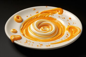 Aesthetic display of yellow and orange swirled frosting on a white plate