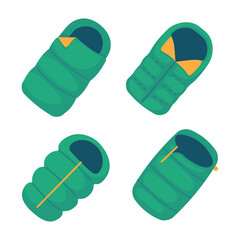 Camping tourist sleeping bags set. Hiking equipment for sleep. Unrolled and rolled sleep bag.