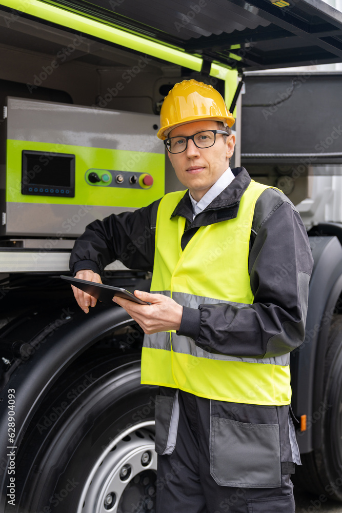 Poster worker with digital tablet operating construction machine equipment.