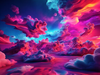 Fabulous evening landscape, 3d render abstract fantasy background colorful paint sky, colorful paint sky with neon clouds