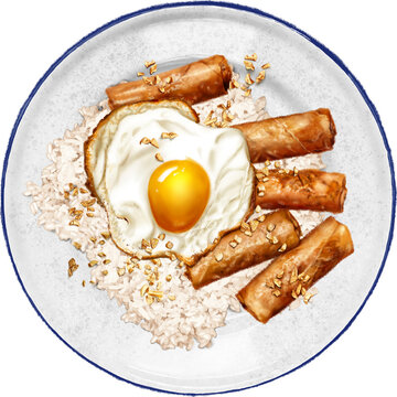 Shanghai Lumpia Silog Breakfast. This realistic illustration showcases the slender, golden-brown Shanghai Lumpia, accompanied by fried garlic rice and sunny-side-up egg.