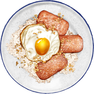 A realistic illustration of Spamsilog: a delightful Filipino breakfast dish that combines Spam, garlic fried rice (sinangag), and a sunny-side-up egg (itlog).
