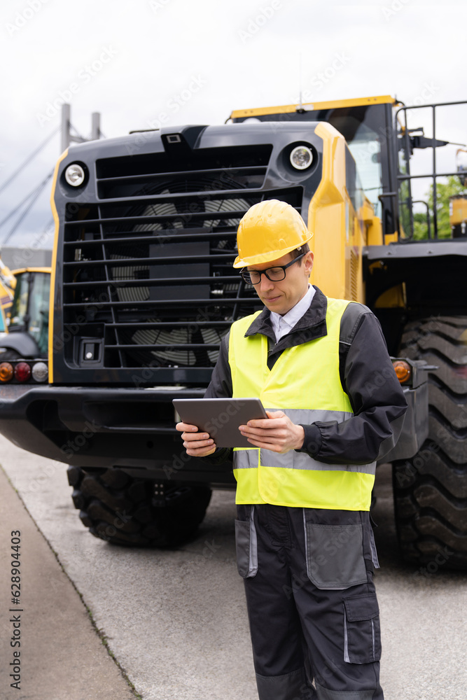 Poster Worker in a helmet with a digital tablet on the background of construction machine.