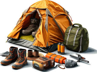 3d illustration of equipment for camping, Travel and camping, Camping equipment, Hiking, AI Generate