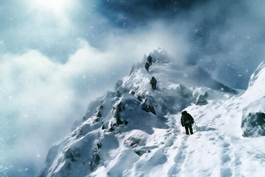 nature mountain snow group sport landscape adventure blizzard winter hiking. Generative AI.
