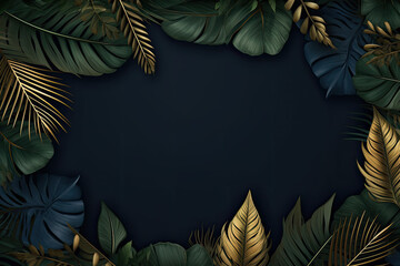 Luxury Dark Blue Textured 3D Background with Golden Leaves Frame
