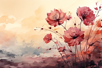 Painted red flowers on a beige background, generative ai