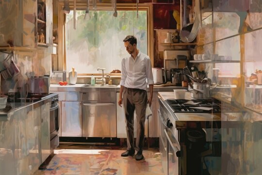 A Man in a Painting - Cooking in a Kitchen Fictional Character Created By Generative AI.