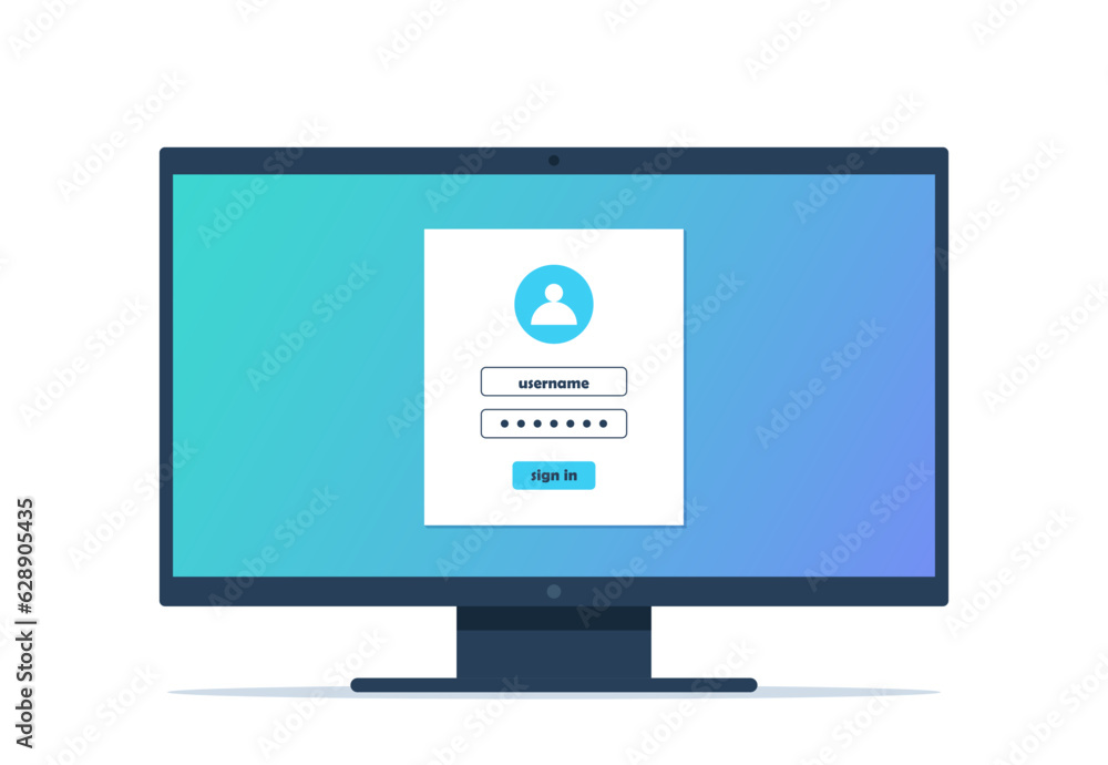 Poster Sign in page on computer screen. Desktop computer with login form and sign in button. User account. Vector illustration.