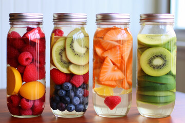 Detox fruit infused water. Refreshing summer homemade cocktail, selective focus. - obrazy, fototapety, plakaty