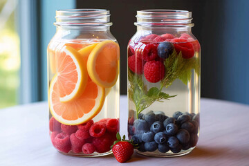 Fototapeta na wymiar Detox fruit infused water. Refreshing summer homemade cocktail, selective focus.
