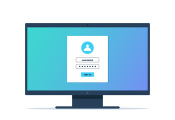 Sign in page on computer screen. Desktop computer with login form and sign in button. User account. Vector illustration.