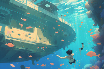 People swimming in coral reefs under the sea.
Generative AI