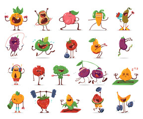 Cute fruits and vegetables doing fitness exercises vector cartoon characters set isolated on a white background.