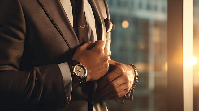 Man in Business Suit Adjusting Wrist Button. Beautiful Watch. Torso Shot. Concept of Elegant, Dressed Up, Spiffy, Luxury, and Expensive.