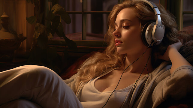 Woman Listening to Headphones on Couch After a Long Day. Relaxing Leisure. Concept of Music, Listen, Podcast, Technology, and Cozy Home.