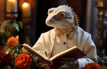 A humanoid lizard dressed as a Roman pope readings with a golden book the document