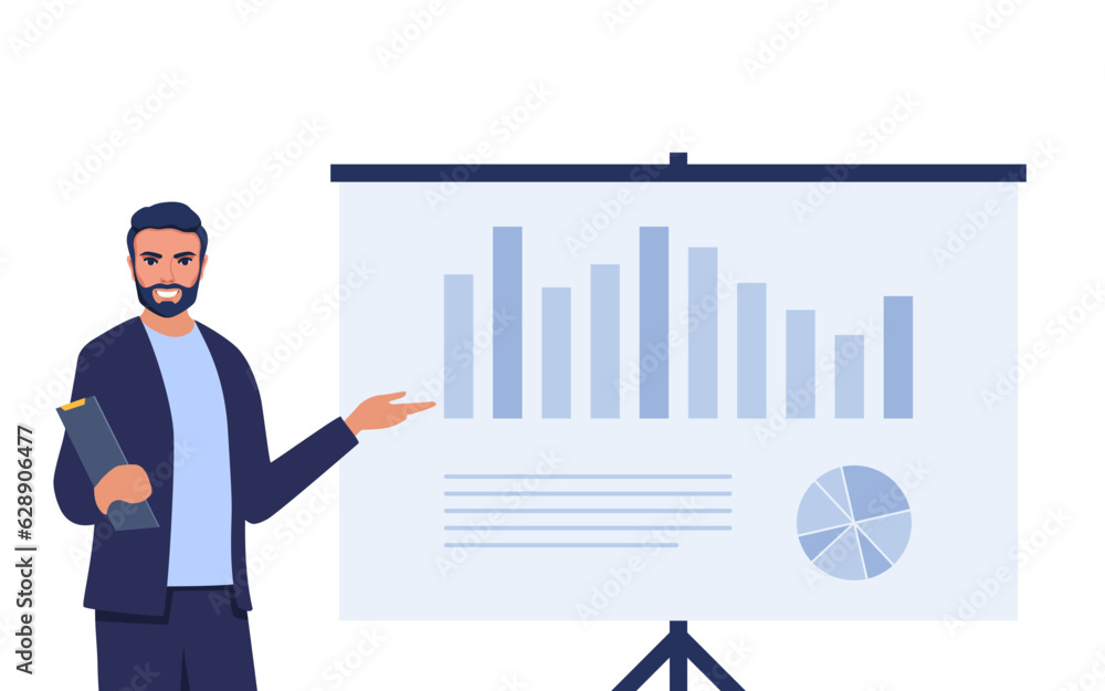 Wall mural man speaker pointing at presentation on white board during business seminar. office worker showing r