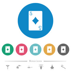 Five of diamonds card flat round icons