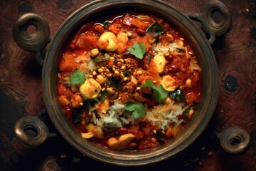 A delicious stew in a bowl, featuring a variety of ingredients and flavors.