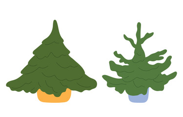 Hand-Drawn Christmas Tree Icon. Festive Xmas Spruce. Green Fir Cartoon with Decorated Ornaments. Flat Illustrations Isolated on White Background.