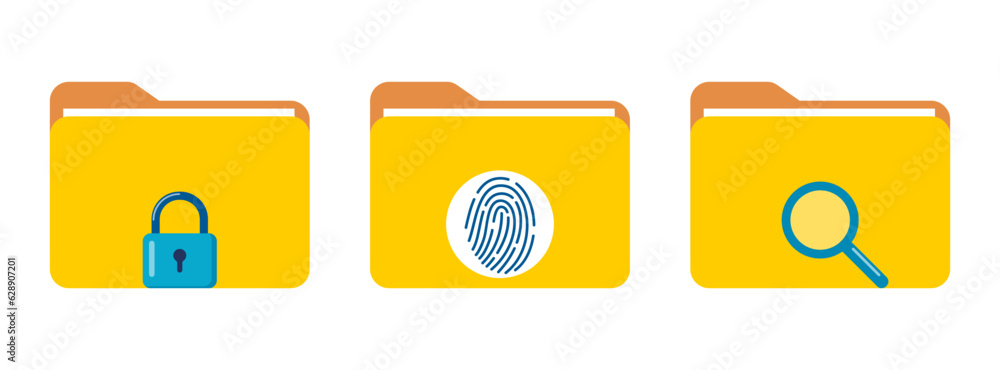 Poster folder with search icon, magnifying glass, lock and finger print protection, id authentication icon.
