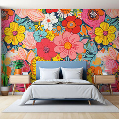 modern bedroom with floral wall decor in the back