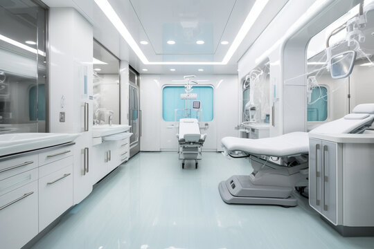 Sterile white walls and gleaming tile floors create a pristine and hygienic environment, while strategically placed surgical lights ensure the surgical field is well-illuminated, l Generative AI