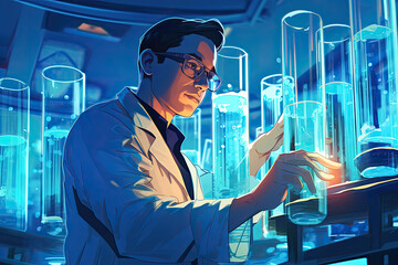 Illustration of Researcher with Chemical Test Tubes in a Glass Laboratory
