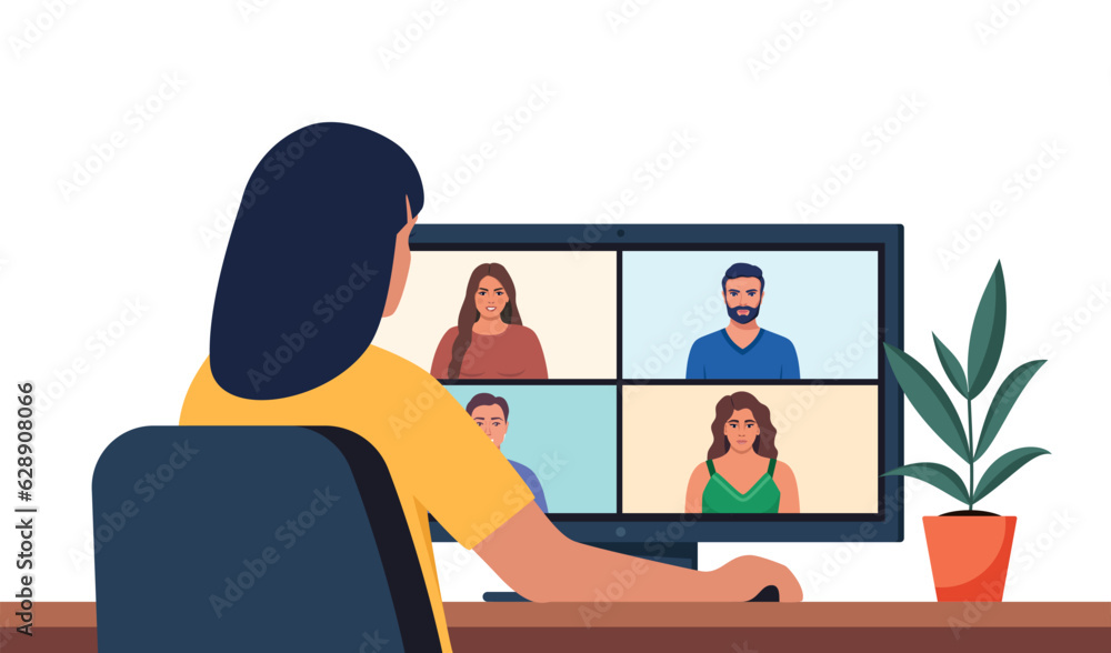 Poster worker using computer for collective virtual meeting and group video conference. woman at desktop ch