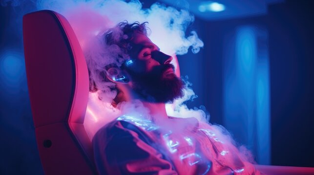 A biohacker using an cryotherapy and infrared light therapy device. Generative AI