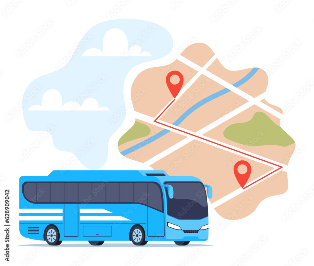 Poster tour bus and map with traffic navigation route location marker scheme. vector flat illustration for 