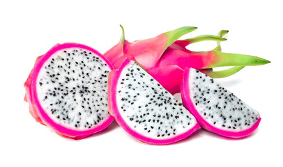 Fresh and Juicy Pink Organic Dragon Fruit  White flesh and black seeds, colorful colors, isolated...