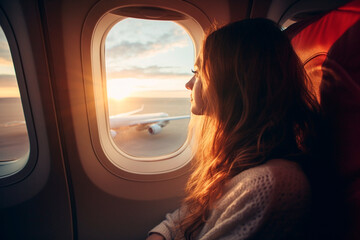 Fototapeta na wymiar Woman looking through the windows of an airplane