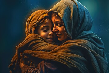 A young girl and an older woman share a heartfelt embrace. Fictional Character Created By Generative AI