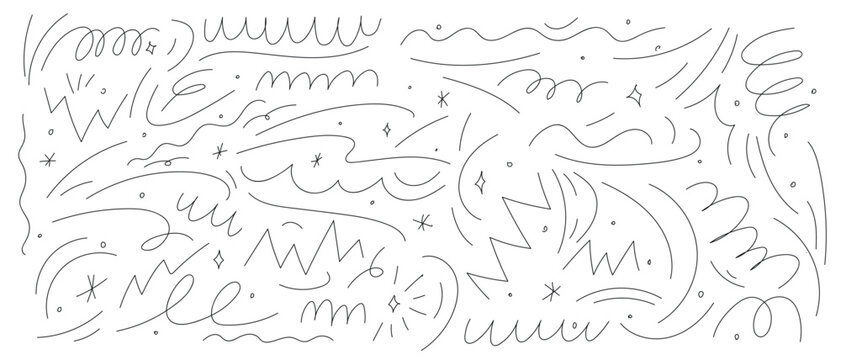 Squiggly lines in pencil, doodles, scribbles, brush squiggles, chalk patterns. Crayon curlicues, swirls in strokes, abstract designs. Flat vector illustrations isolated 