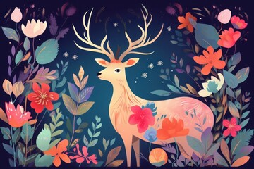 Beautiful spring art work illustration with flowers and deer, Generative AI