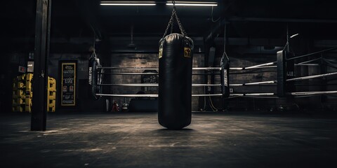 AI Generated. AI Generative. Dark vintage retro old gym boxing bag fitness sport martial arts room interior. Graphic Art