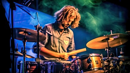 Fototapeta na wymiar Drummer in motion capturing the energetic movement, rock music band blur shot